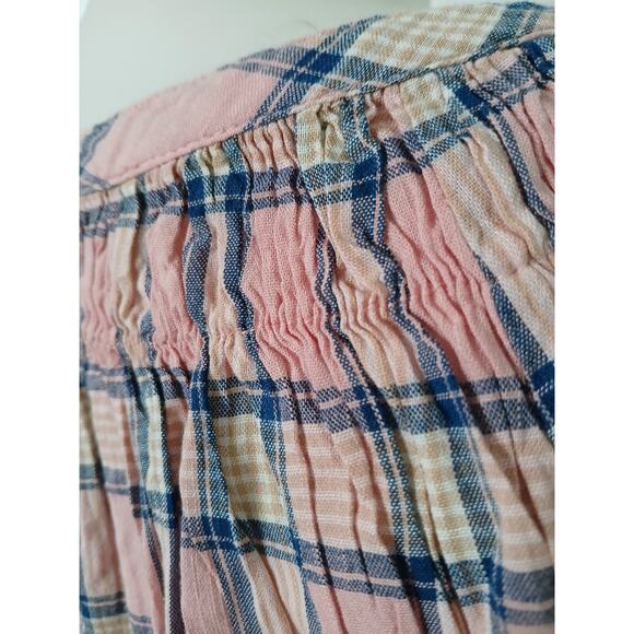 GAP Plaid Gathered Blouse Puff Sleeve Pink Blue White Button Front Top Large - Picture 7 of 12